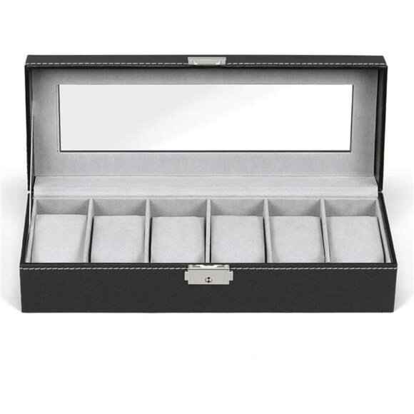 Mens Watch Box Organizer 6 Slot Display Case Black Glass Lid Jewelry Storage - Picture 6 of 7